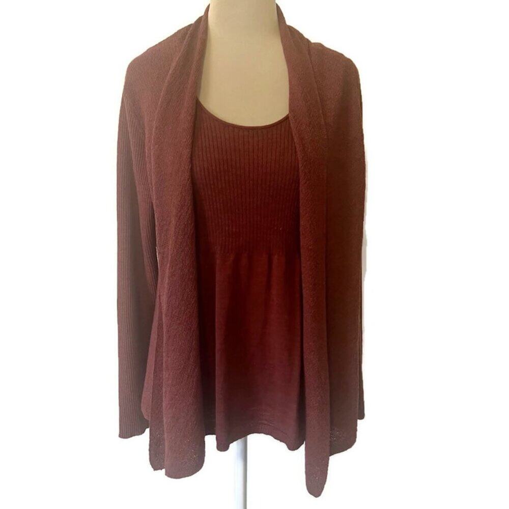 Eileen Fisher 2 Piece Wool Stretch Rib Knit Twinset Cardigan Top Russet Classic